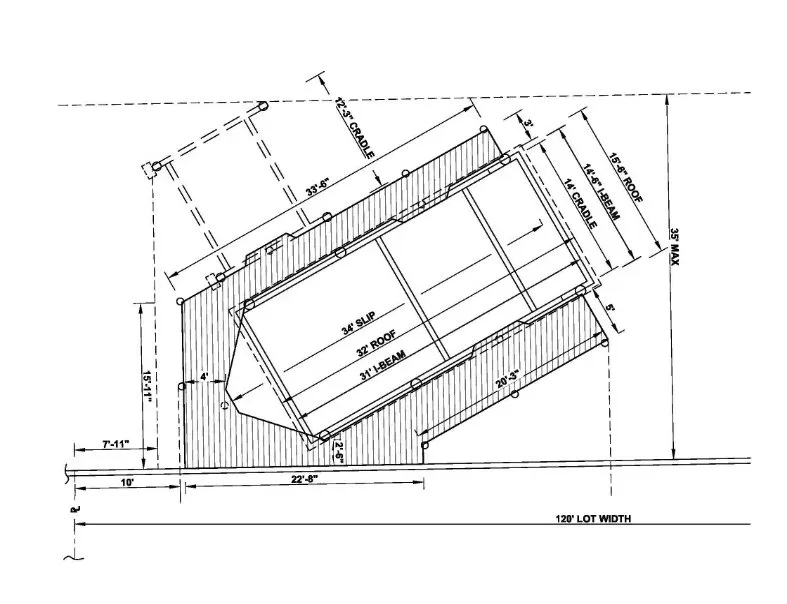 Blueprint of an angled dock with dual cradle systems, extended roof coverage, and a 34-foot slip designed for mid-sized vessels.