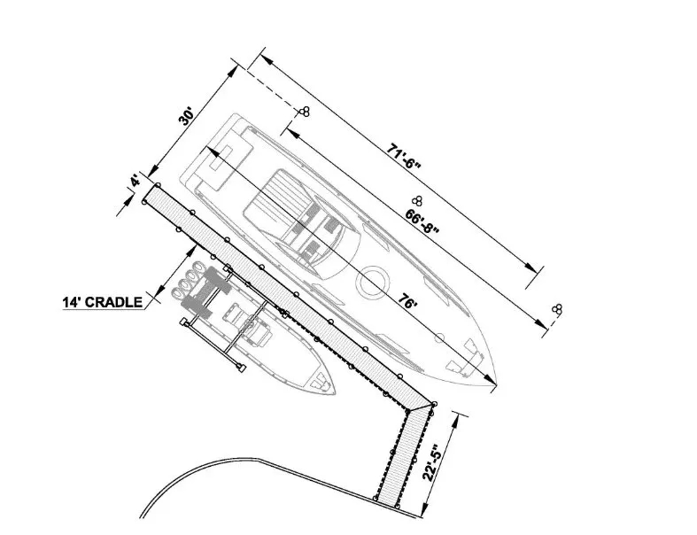 Technical drawing of an angled dual-vessel dock with a 14-foot cradle system and extended slip for large boats.