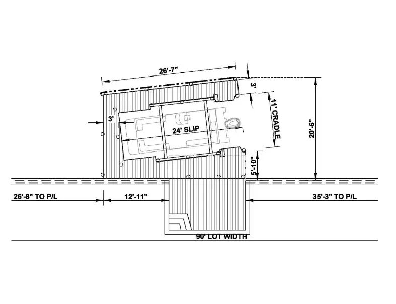 Blueprint of an angled single-slip dock with a 24-foot slip, 11-foot cradle system, and compact platform for efficient space usage.