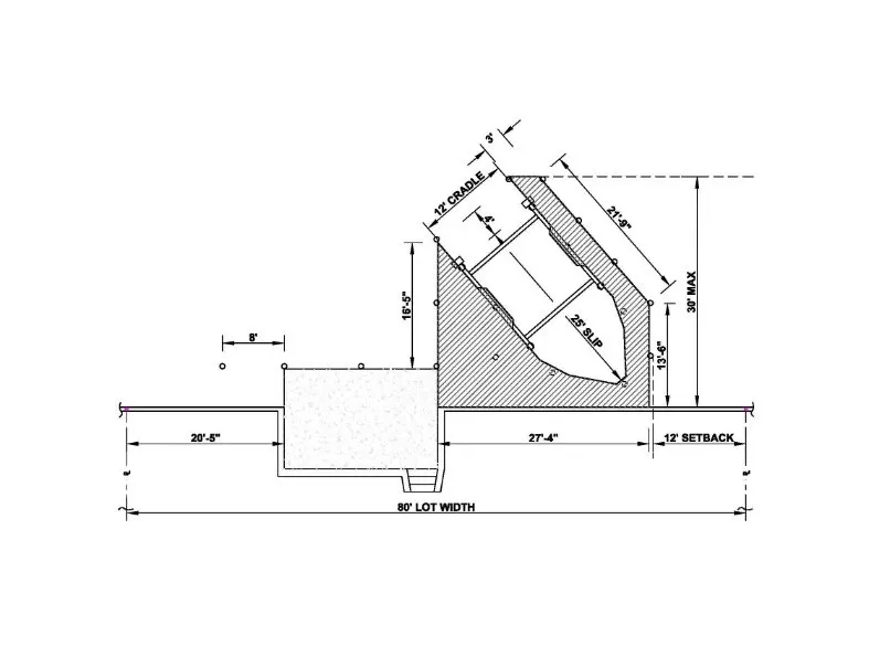 Blueprint of an angled single-slip dock featuring a 25' slip, 12' cradle system, and compact platform for mid-sized vessels.