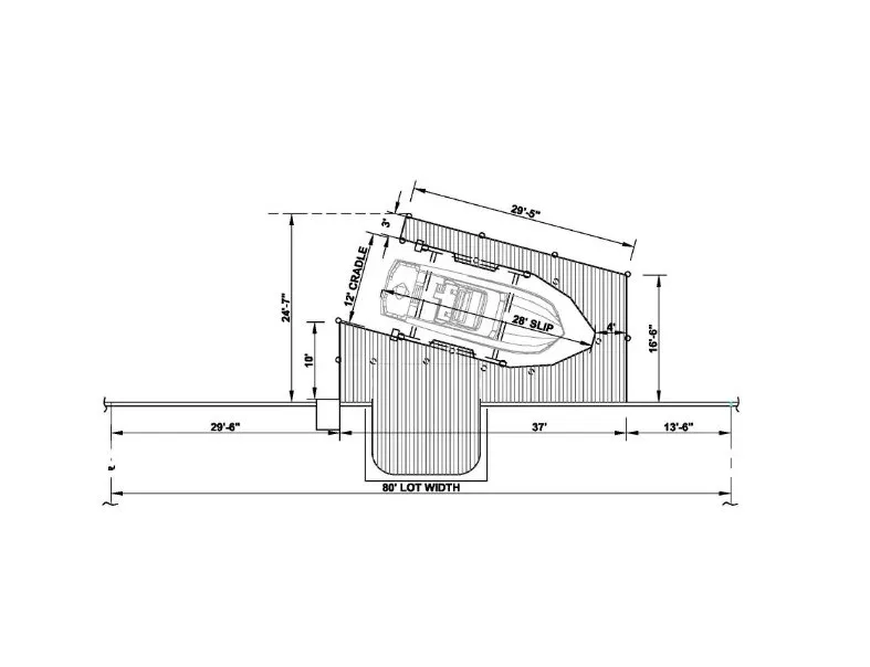 Blueprint of an angled single-slip dock with a 28-foot slip, 12-foot cradle system, and extended platform for enhanced functionality.