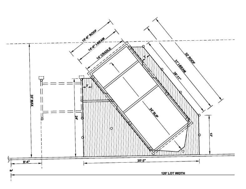 Blueprint of an angled boat slip dock with dual roof coverage, featuring a 14-foot cradle system and detailed dimensions.