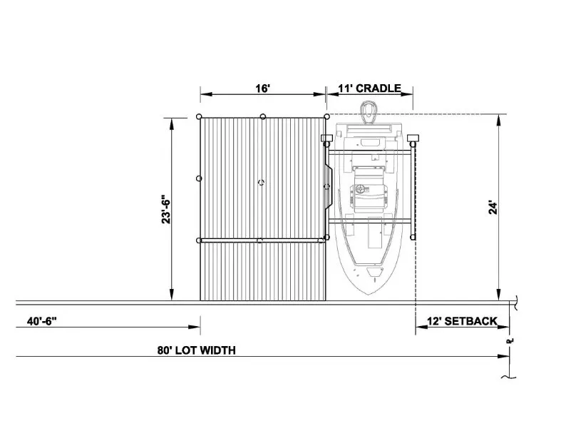 Blueprint of a compact covered dock with an 11-foot cradle system, 16-foot platform, and 23.5-foot covered section for efficient docking.