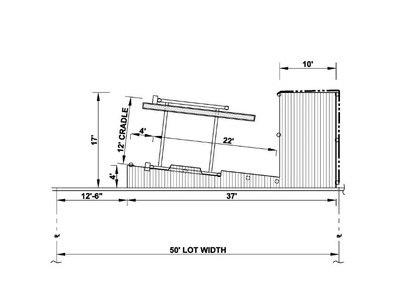 Blueprint of a compact dock with a 12' elevated cradle system, 22' roof, and 10' storage area for 50' lot width properties.