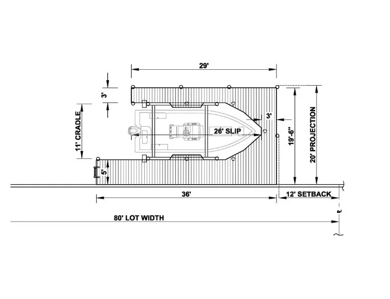 Blueprint of a compact single-slip dock with a 26-foot slip, 11-foot cradle system, and 20-foot projection for compact waterfront properties.