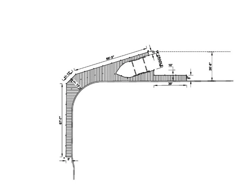 Blueprint of a curved L-shaped dock with a 69'3" main platform, angled slip with cradle system, and 30' access walkway.