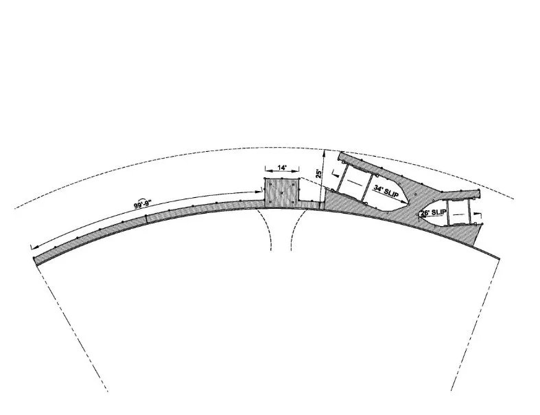 Blueprint of a curved multi-slip dock featuring a 34-foot slip, 26-foot slip, and a 99-foot curved platform for unique waterfront properties.