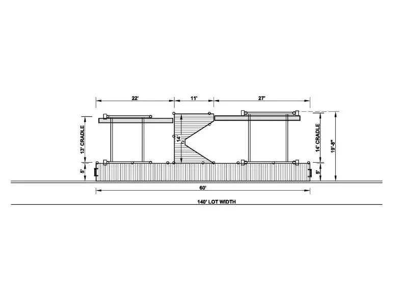 Technical drawing of a double-slip covered dock with cradle systems, central walkway, and detailed dimensions for larger lot widths.