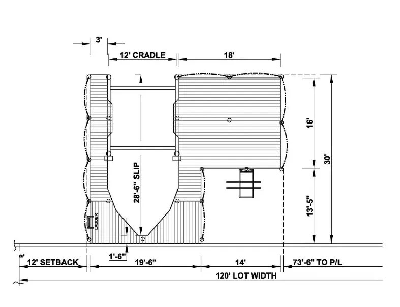 Blueprint of a dual-platform dock featuring a 28'6" slip, 12' cradle system, and central walkway for efficient docking and recreational use.