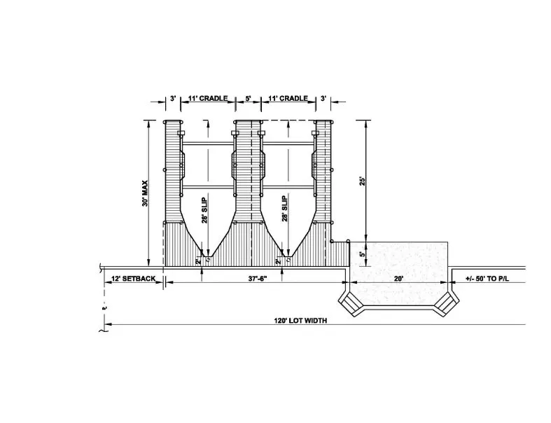 Blueprint of a dual-slip dock featuring two 28-foot slips, twin 11-foot cradles, and a central 5-foot walkway for easy access.