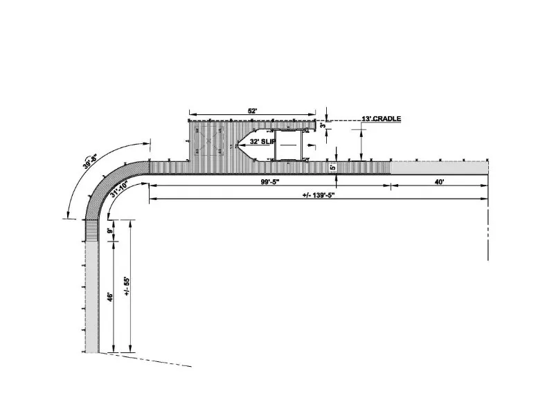 Blueprint of an L-shaped dock featuring a 32-foot slip, 13-foot cradle, 52-foot main platform, and a curved corner for optimal waterfront use.