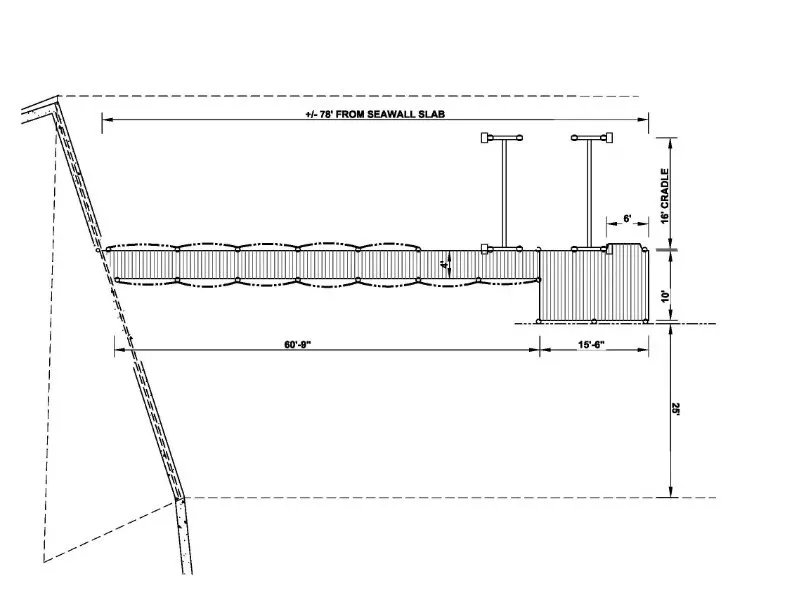 Blueprint of a floating dock with a 16-foot cradle system, 60-foot floating platform, and 15-foot platform extension for adaptable water access.