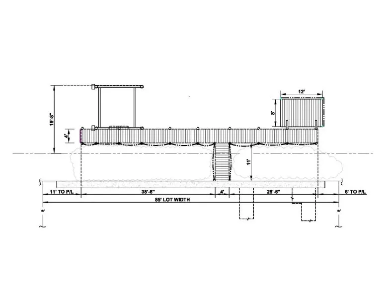 Blueprint of a linear dock with a covered cradle system, 38'6" walkway, and 12' wide storage platform for functional waterfront access.