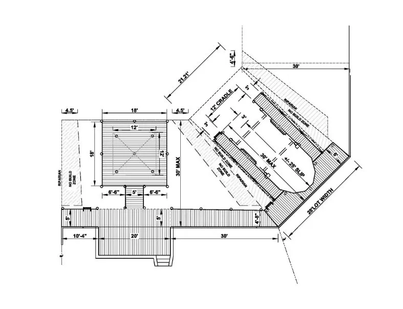 Blueprint of a multi-use dock with a 30-foot angled slip, 12-foot cradle, veranda roof, and an 18x12 entertainment platform.