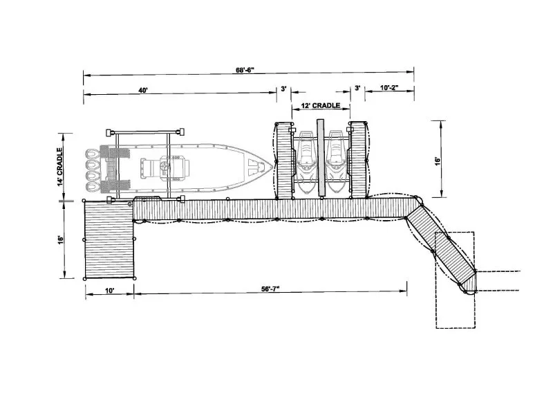 Blueprint of a multi-vessel dock featuring a boat cradle, dual jet ski cradle, and angled extension for added utility.