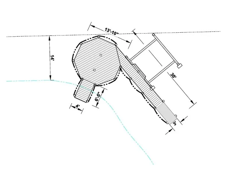 Blueprint of an octagonal dock platform with a 13'10" diameter, extended 30-foot walkway, and a curved connection to the shoreline.