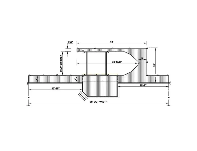 Blueprint of a straight dock featuring a 35' covered slip, 15'6" cradle system, and a central platform for maintenance and boarding.