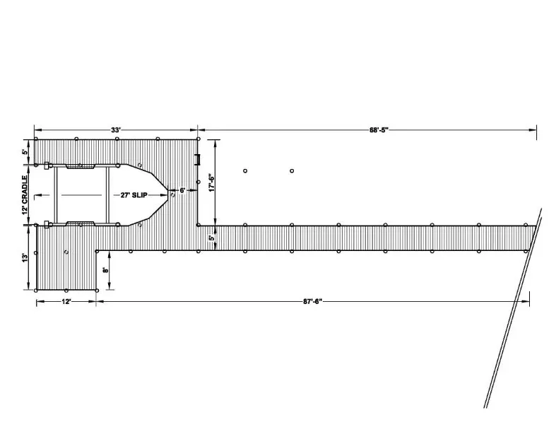 Blueprint of a straight dock with a 27-foot boat slip, 12-foot cradle system, and a long 68-foot walkway for easy access.