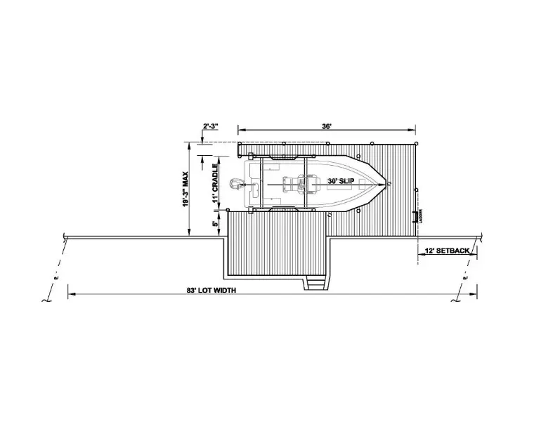 Technical drawing of a single-slip covered dock featuring a 30-foot boat slip, 11-foot cradle system, and zoning setback details.