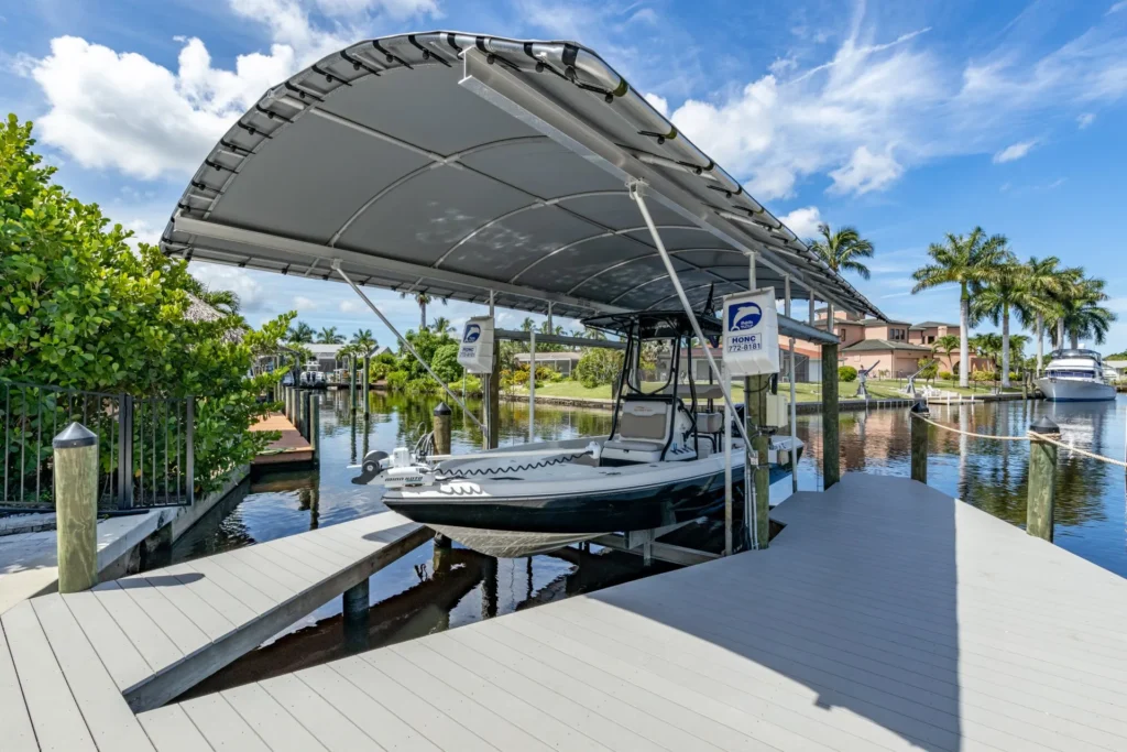 A sunlit dock featuring a sturdy canopy for shade and a spacious platform for waterfront activities.